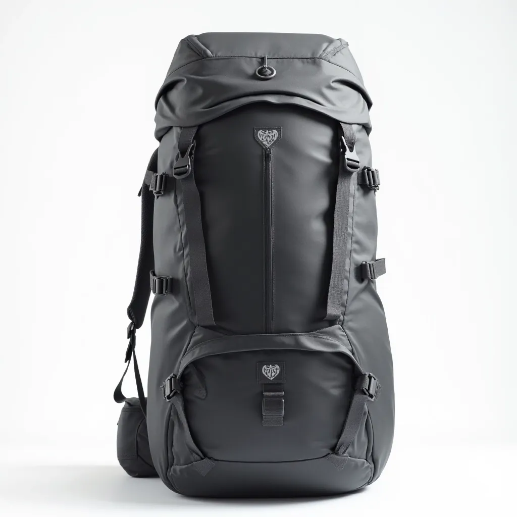 Ridge Alpine 60L hiking backpack in graphite gray with all straps and compartments visible, studio lighting on white background