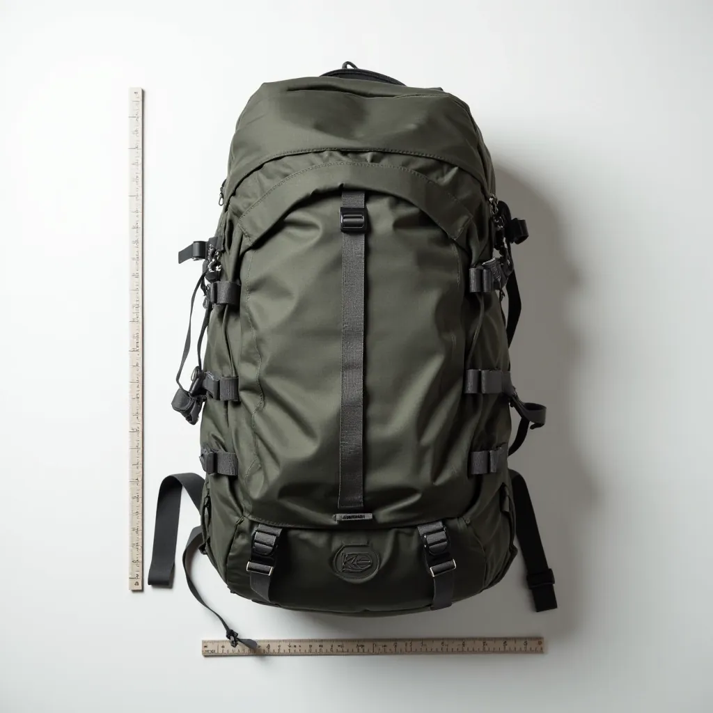 Flat lay of Ridge Alpine backpack showing full dimensions with measurement scale and color options visible