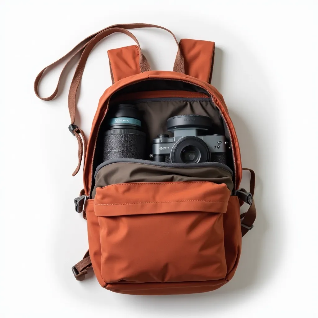 Flat lay arrangement showing rust sling pack opened with contents: water bottle, camera, snacks, light jacket neatly organized in various pockets on white background