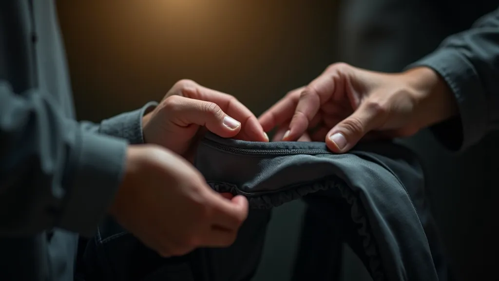 Close-up examination of backpack materials and stitching quality