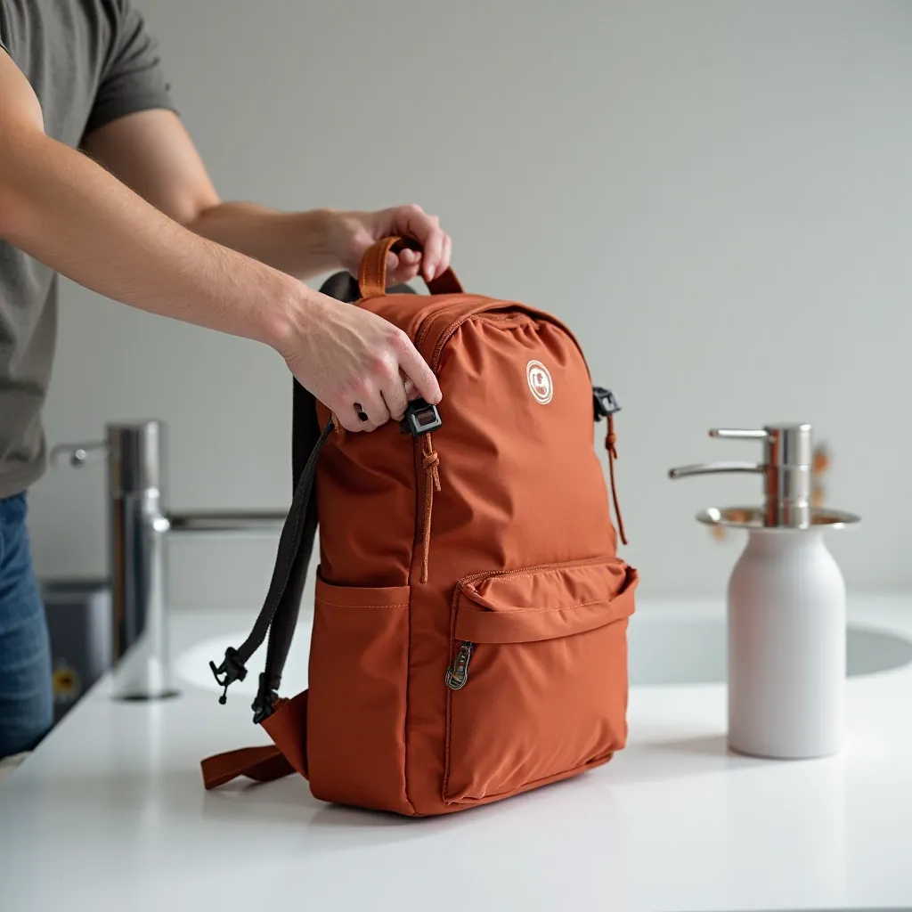 Person gently hand-washing rust sling pack with soft brush and mild soap in clean sink with running water against bright bathroom background