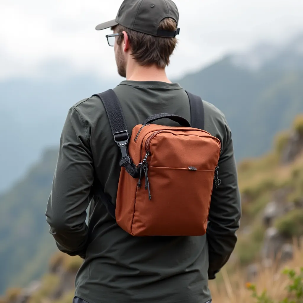 Person wearing rust-colored sling pack while hiking on mountain trail with backlit landscape and clear blue sky