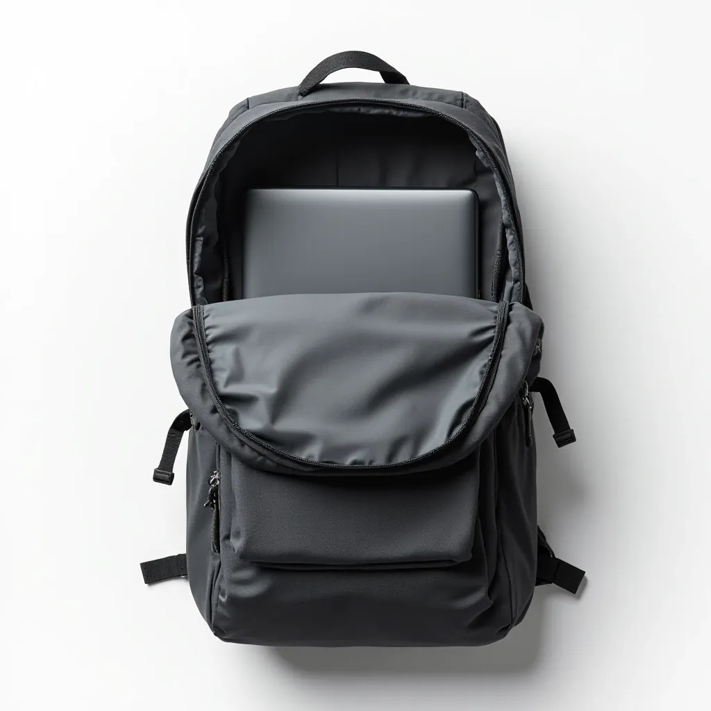 Overhead view of Urban Commute daypack with organized compartments displayed, showing internal laptop sleeve and pocket layout