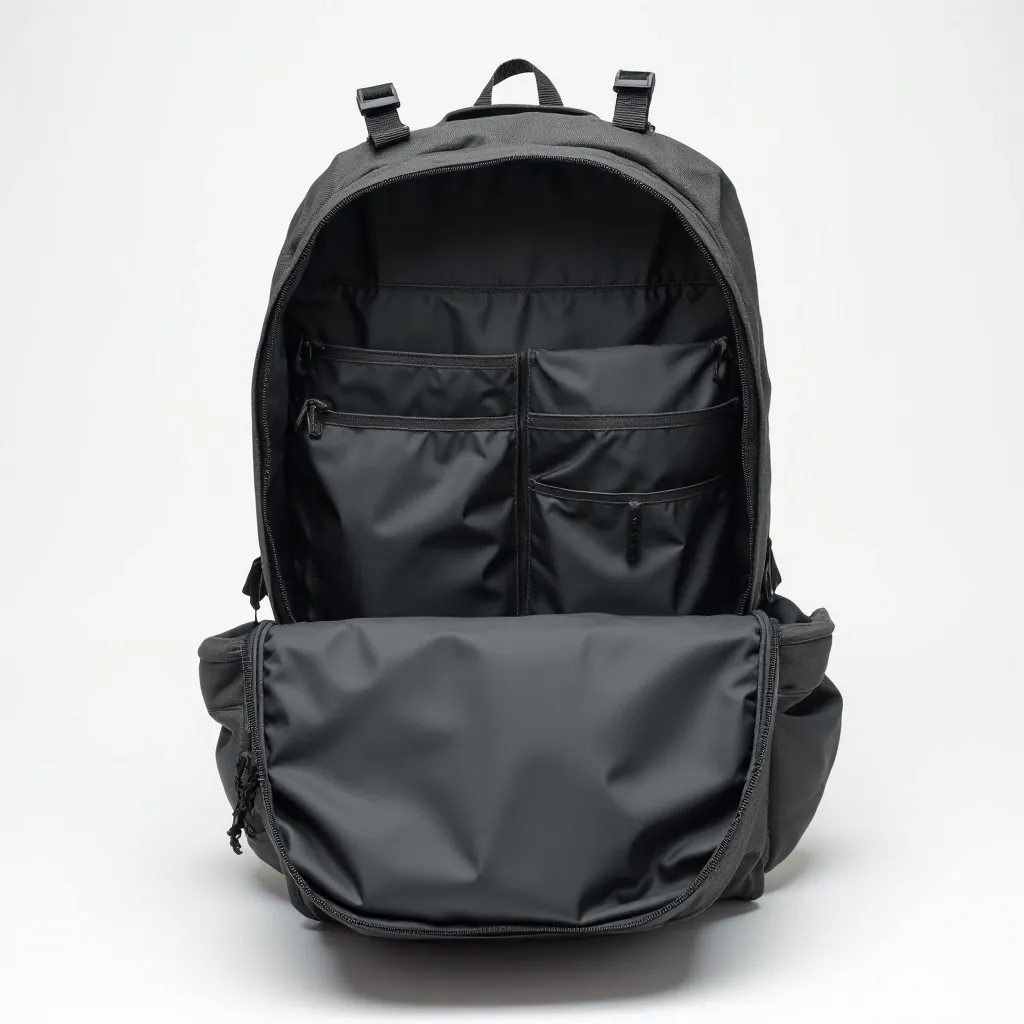 Detailed view of Alpine Weekender pack interior showing mesh pockets, padded electronics sleeve, and organizational compartments