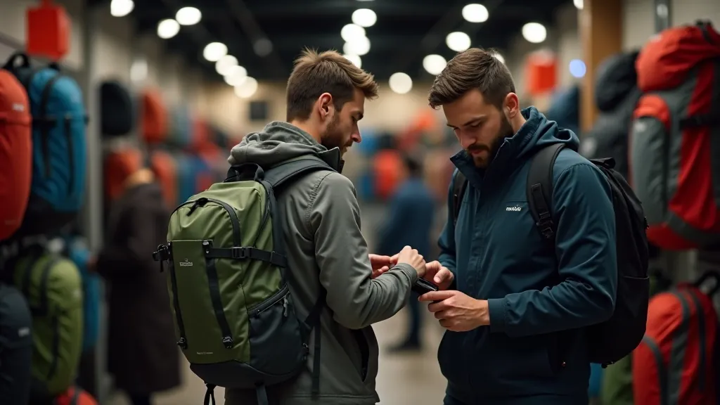Customer reviewing backpack in store with specialist guidance